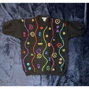 Christina Vintage Black Sweater Pullover Sequin Multicolor Neckline Size M‎